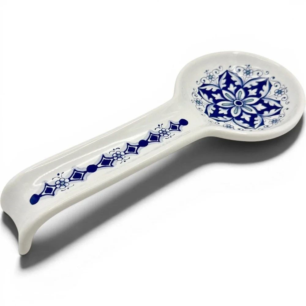 Nova Deruta Italy Blue & White Ceramic Spoon Rest Floral Italian Pottery